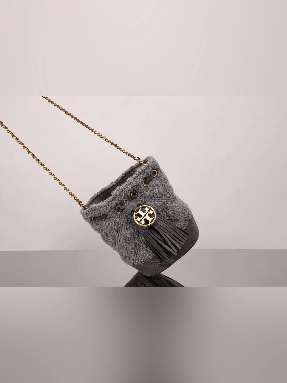 Tory Burch Fleming Soft Bouclé Mini Bucket Bag Carbon EUC